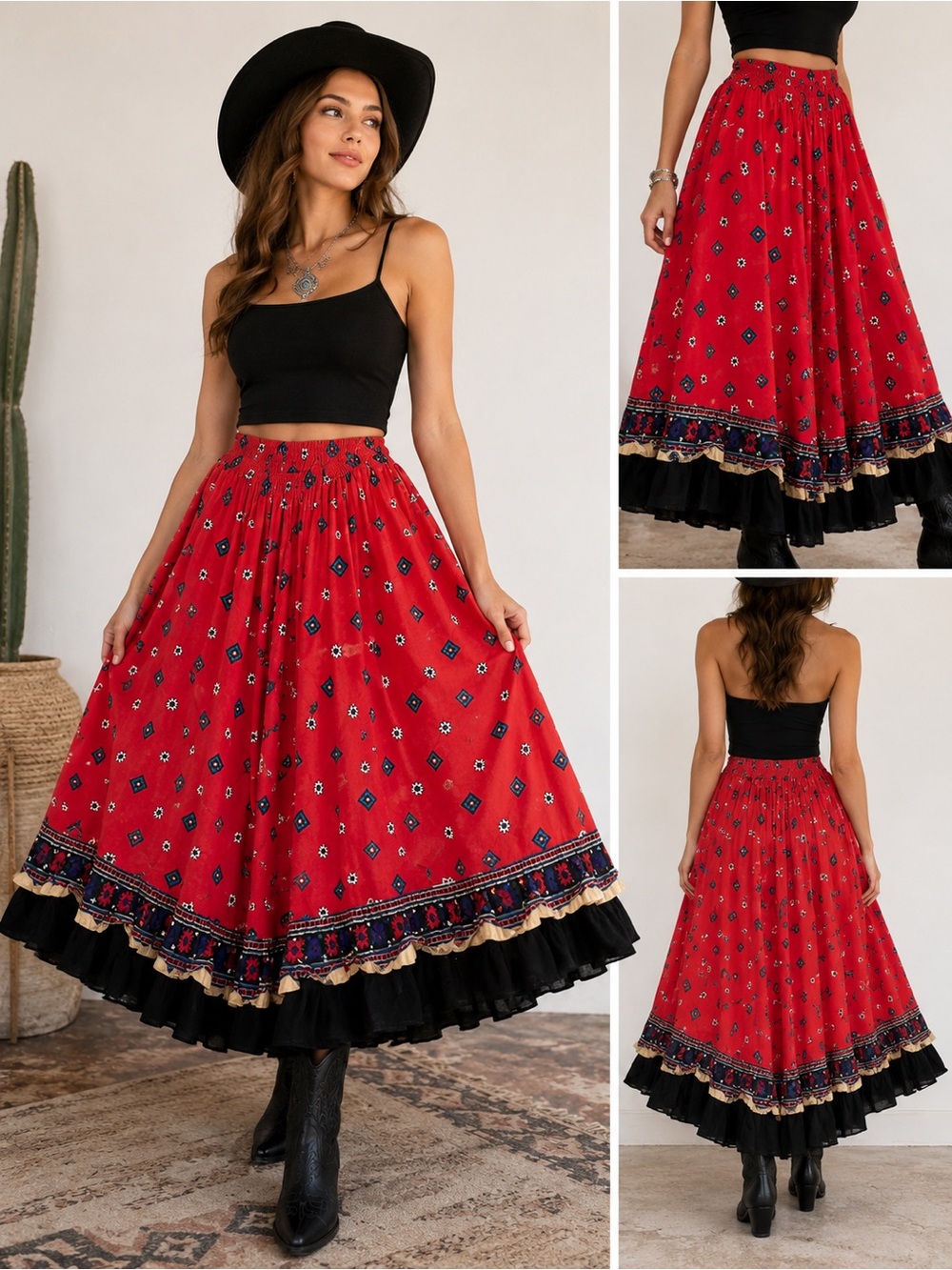 Vintage 90’s Adobe Rose Southwestern Western Tiered Maxi Skirt